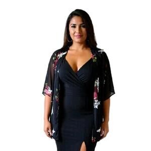 Women's Kimono Black Red FLoral Roses One Size Boho Cottage Fairy